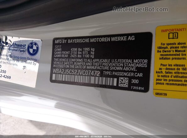 WBA2J5C52JVC07472 2018 BMW M2 White Widok komory silnika