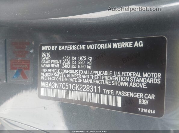 WBA3N7C51GK228311 2016 BMW 4 SERIES Серый Вид подкапотного пространства