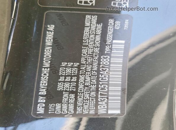 WBA3T7C51G5A37883 2016 BMW 4 SERIES Black Vista de la etiqueta del VIN