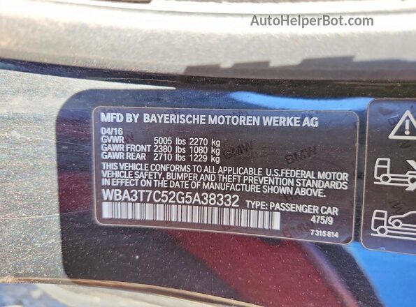 WBA3T7C52G5A38332 2016 BMW 4 SERIES Black Widok naklejki z numerem VIN
