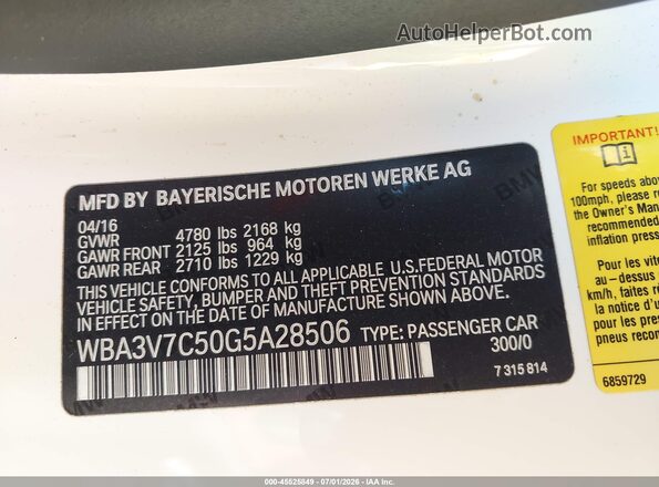 WBA3V7C50G5A28506 2016 BMW 4 SERIES White Widok komory silnika