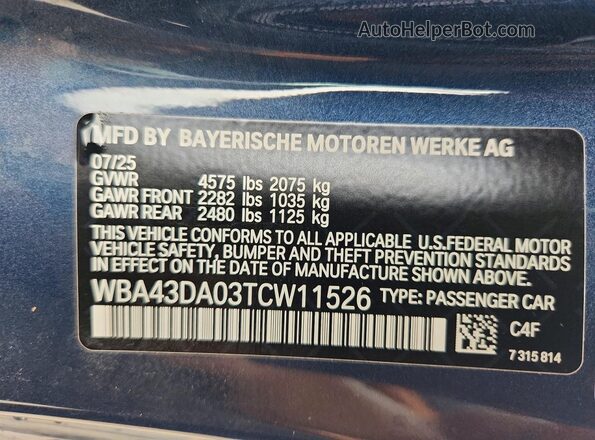 WBA43DA03TCW11526 2026 BMW 4 SERIES Синий Вид наклейки с VIN-кодом
