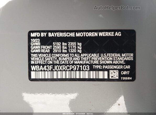 WBA43FJ0XRCP97103 2024 BMW 5 SERIES Gray Вид підкапотного простору