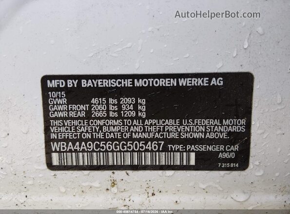 WBA4A9C56GG505467 2016 BMW 4 SERIES White Widok komory silnika