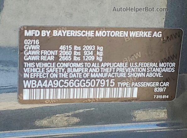 WBA4A9C56GG507915 2016 BMW 4 SERIES Charcoal Widok naklejki z numerem VIN