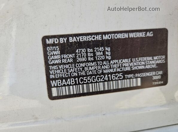 WBA4B1C55GG241625 2016 BMW 4 SERIES White Vista de la etiqueta del VIN