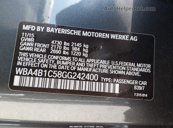 WBA4B1C58GG242400 2016 BMW 4 SERIES Gray Vista del compartimento del motor