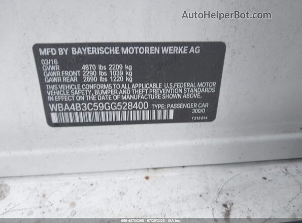WBA4B3C59GG528400 2016 BMW 4 SERIES White Շարժիչի բաժամունքի տեսք