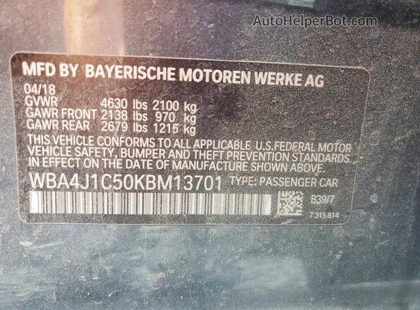 WBA4J1C50KBM13701 2019 BMW 4 SERIES Серый Вид наклейки с VIN-кодом