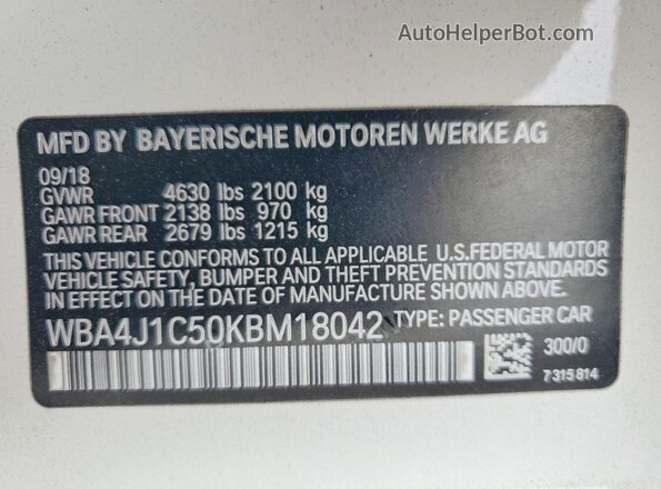 WBA4J1C50KBM18042 2019 BMW 4 SERIES White VIN კოდის სტიკერის ხედი