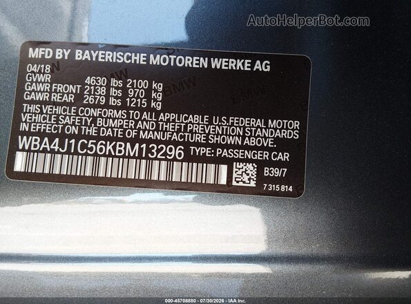 WBA4J1C56KBM13296 2019 BMW 4 SERIES Gray Vista del compartimento del motor