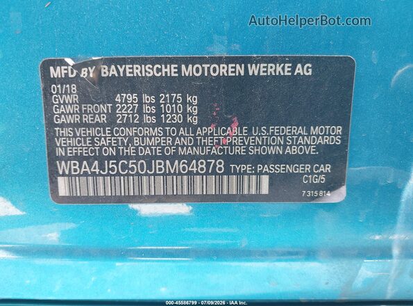 WBA4J5C50JBM64878 2018 BMW 4 SERIES Синий Вид подкапотного пространства