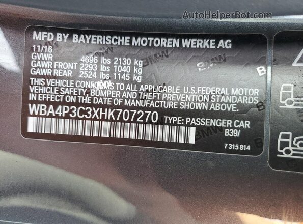 WBA4P3C3XHK707270 2017 BMW 4 SERIES Gray Engine compartment view