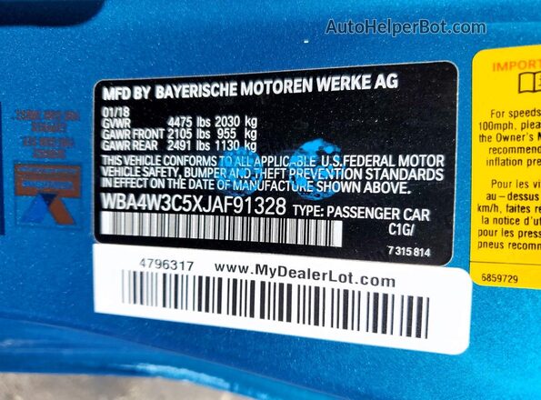 WBA4W3C5XJAF91328 2018 BMW 4 SERIES Turquoise Շարժիչի բաժամունքի տեսք
