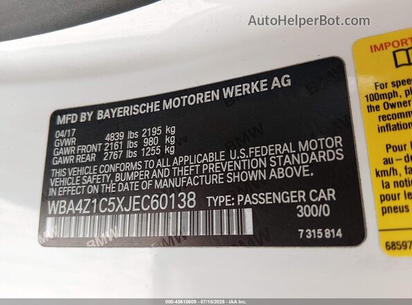 WBA4Z1C5XJEC60138 2018 BMW 4 SERIES White Շարժիչի բաժամունքի տեսք