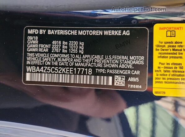 WBA4Z5C52KEE17718 2019 BMW 4 SERIES Blue VIN კოდის სტიკერის ხედი