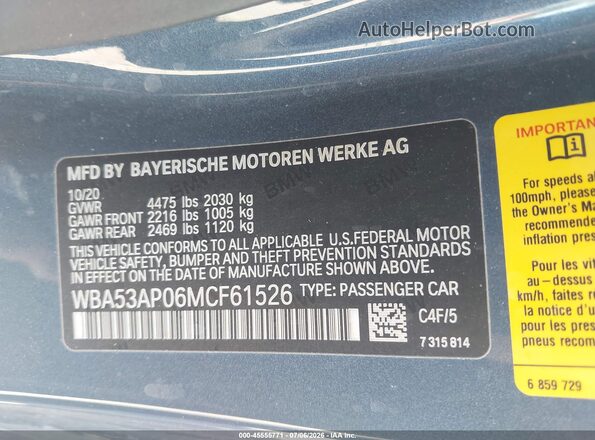 WBA53AP06MCF61526 2021 BMW 4 SERIES Blue Vista del compartimento del motor