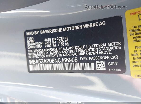 WBA53AP08NCJ66908 2022 BMW 4 SERIES Light Blue Vista del compartimento del motor