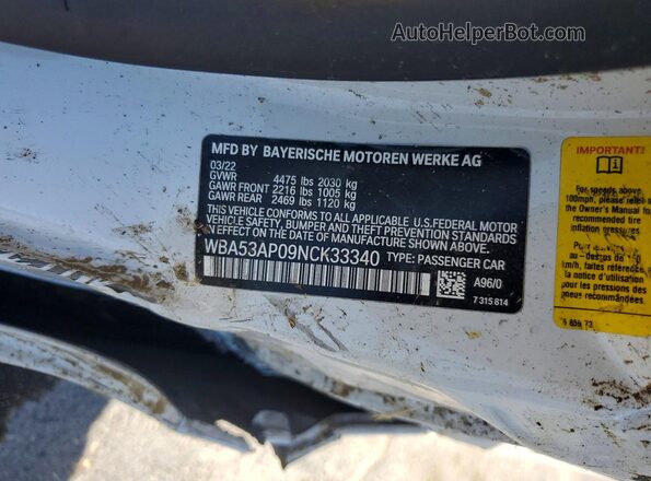 WBA53AP09NCK33340 2022 BMW 4 SERIES White VIN կոդի պիտակի տեսք