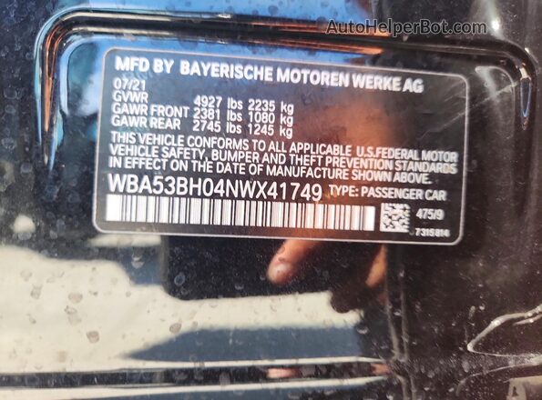 WBA53BH04NWX41749 2022 BMW 5 SERIES Black Widok naklejki z numerem VIN