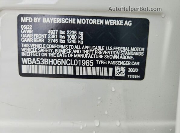 WBA53BH06NCL01985 2022 BMW 5 SERIES White Widok komory silnika