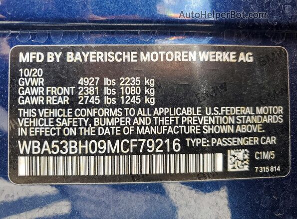 WBA53BH09MCF79216 2021 BMW 5 SERIES Blue VIN sticker view