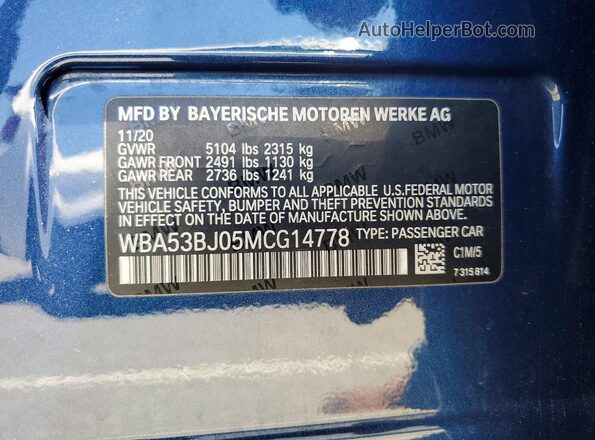 WBA53BJ05MCG14778 2021 BMW 5 SERIES Blue Vista del compartimento del motor