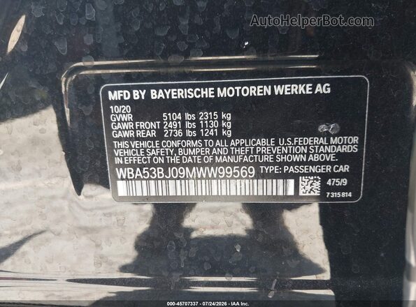 WBA53BJ09MWW99569 2021 BMW 5 SERIES Black Вид підкапотного простору