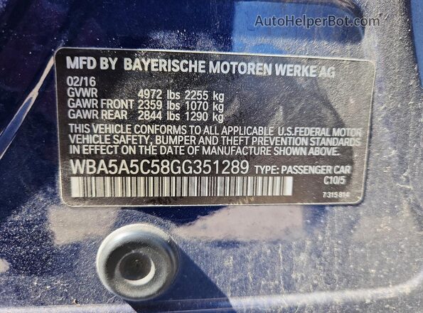 WBA5A5C58GG351289 2016 BMW 5 SERIES Blue Vista del compartimento del motor