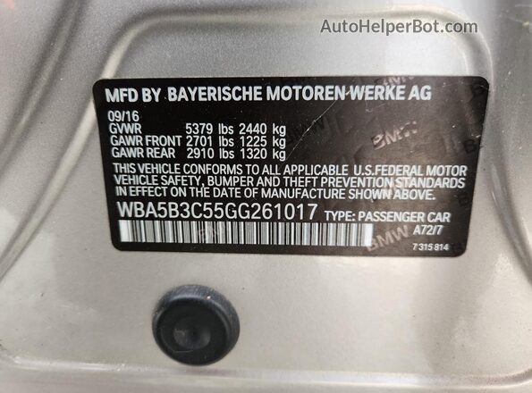 WBA5B3C55GG261017 2016 BMW 5 SERIES Silver Widok naklejki z numerem VIN