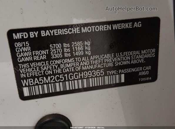 WBA5M2C51GGH99365 2016 BMW 5 SERIES White Widok komory silnika