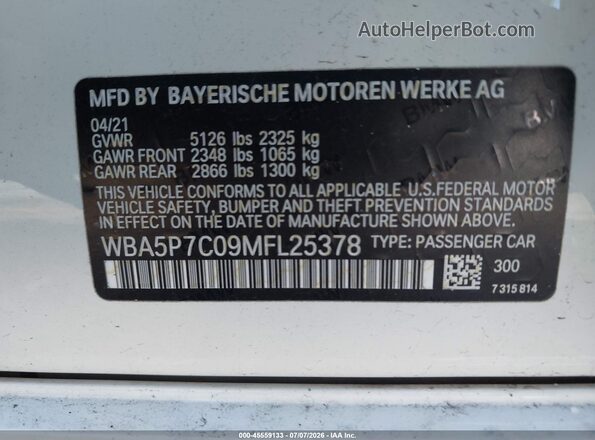 WBA5P7C09MFL25378 2021 BMW 3 SERIES White Widok komory silnika
