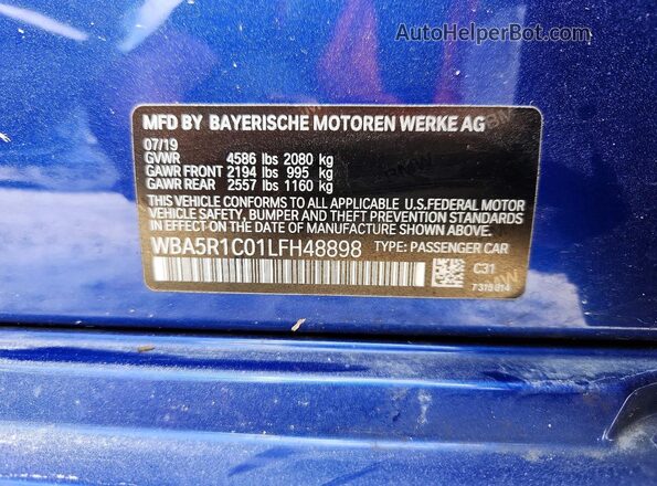 WBA5R1C01LFH48898 2020 BMW 3 SERIES Blue VIN կոդի պիտակի տեսք