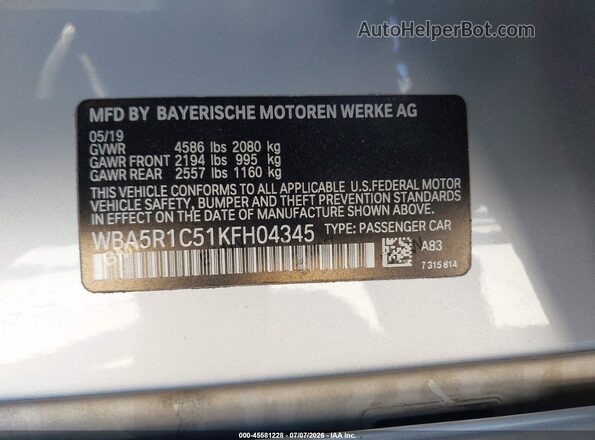 WBA5R1C51KFH04345 2019 BMW 3 SERIES Silver Widok komory silnika