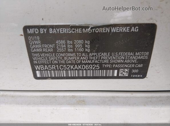 WBA5R1C52KAK06925 2019 BMW 3 SERIES White ძრავის განყოფილების ხედი