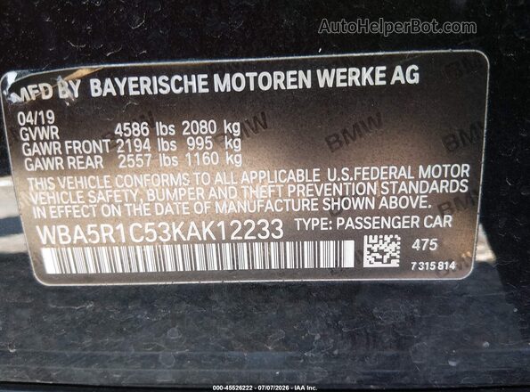 WBA5R1C53KAK12233 2019 BMW 3 SERIES Black Vista del compartimento del motor