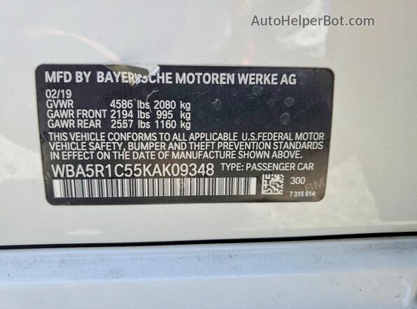 WBA5R1C55KAK09348 2019 BMW 3 SERIES White Вид наклейки з VIN-кодом