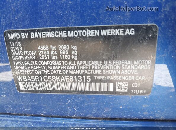 WBA5R1C58KAE81315 2019 BMW 3 SERIES Blue ძრავის განყოფილების ხედი