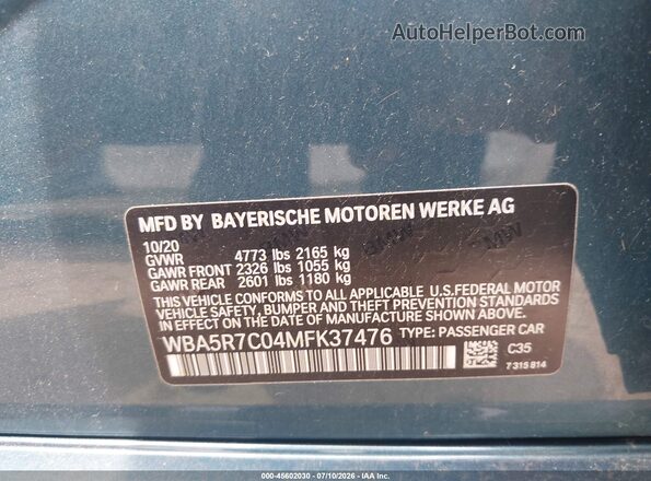 WBA5R7C04MFK37476 2021 BMW 3 SERIES Blue ძრავის განყოფილების ხედი