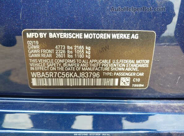WBA5R7C56KAJ83796 2019 BMW 3 SERIES Blue Vista del compartimento del motor