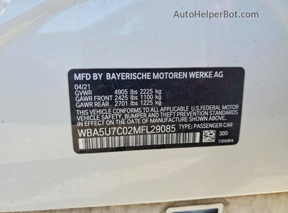 WBA5U7C02MFL29085 2021 BMW M3 White VIN კოდის სტიკერის ხედი