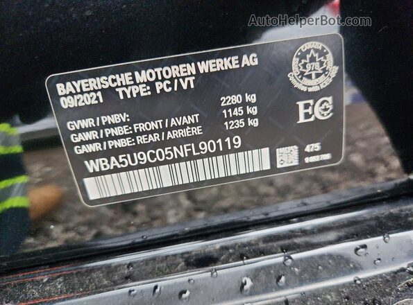 WBA5U9C05NFL90119 2022 BMW M3 Black Vista de la etiqueta del VIN