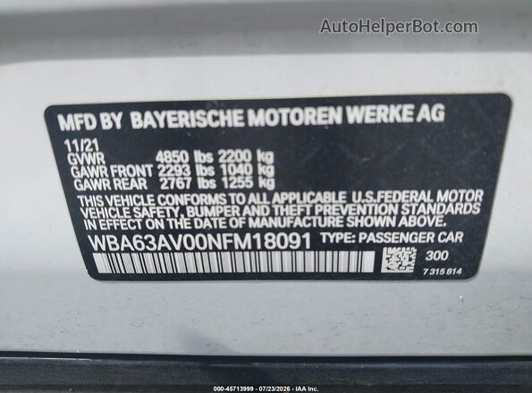 WBA63AV00NFM18091 2022 BMW 4 SERIES White Engine compartment view