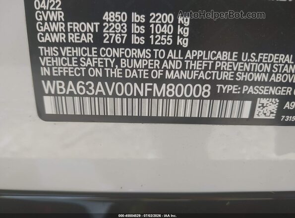 WBA63AV00NFM80008 2022 BMW 4 SERIES White Engine compartment view