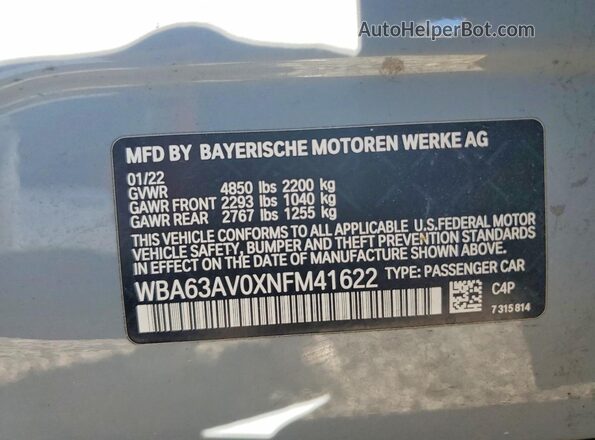 WBA63AV0XNFM41622 2022 BMW 4 SERIES Gray VIN კოდის სტიკერის ხედი