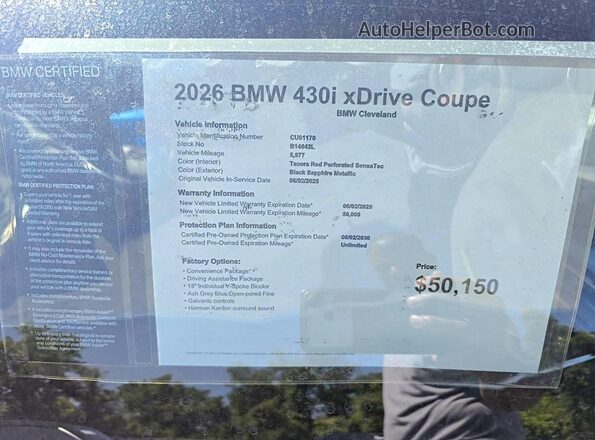 WBA63DA01TCU91170 2026 BMW 4 SERIES Черный Вид наклейки с VIN-кодом