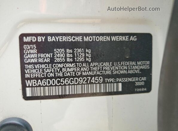 WBA6D0C56GD927459 2016 BMW 6 SERIES White Widok komory silnika