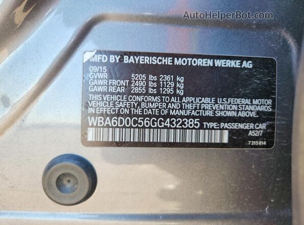 WBA6D0C56GG432385 2016 BMW 6 SERIES Gray Շարժիչի բաժամունքի տեսք