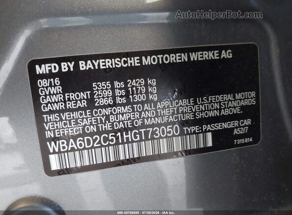 WBA6D2C51HGT73050 2017 BMW 6 SERIES Серый Вид подкапотного пространства