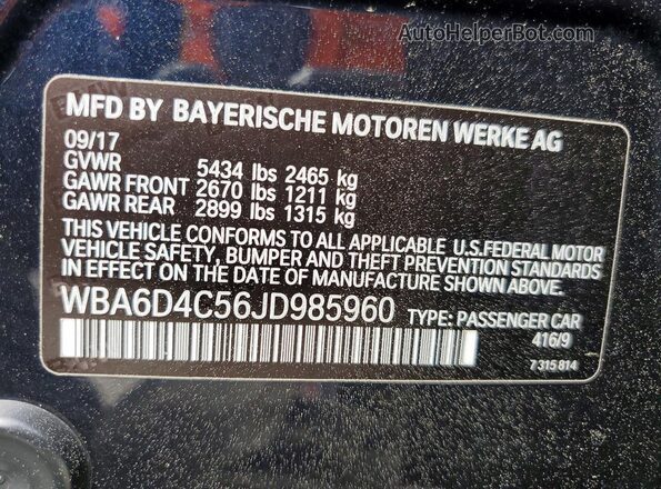 WBA6D4C56JD985960 2018 BMW 6 SERIES Black Вид підкапотного простору